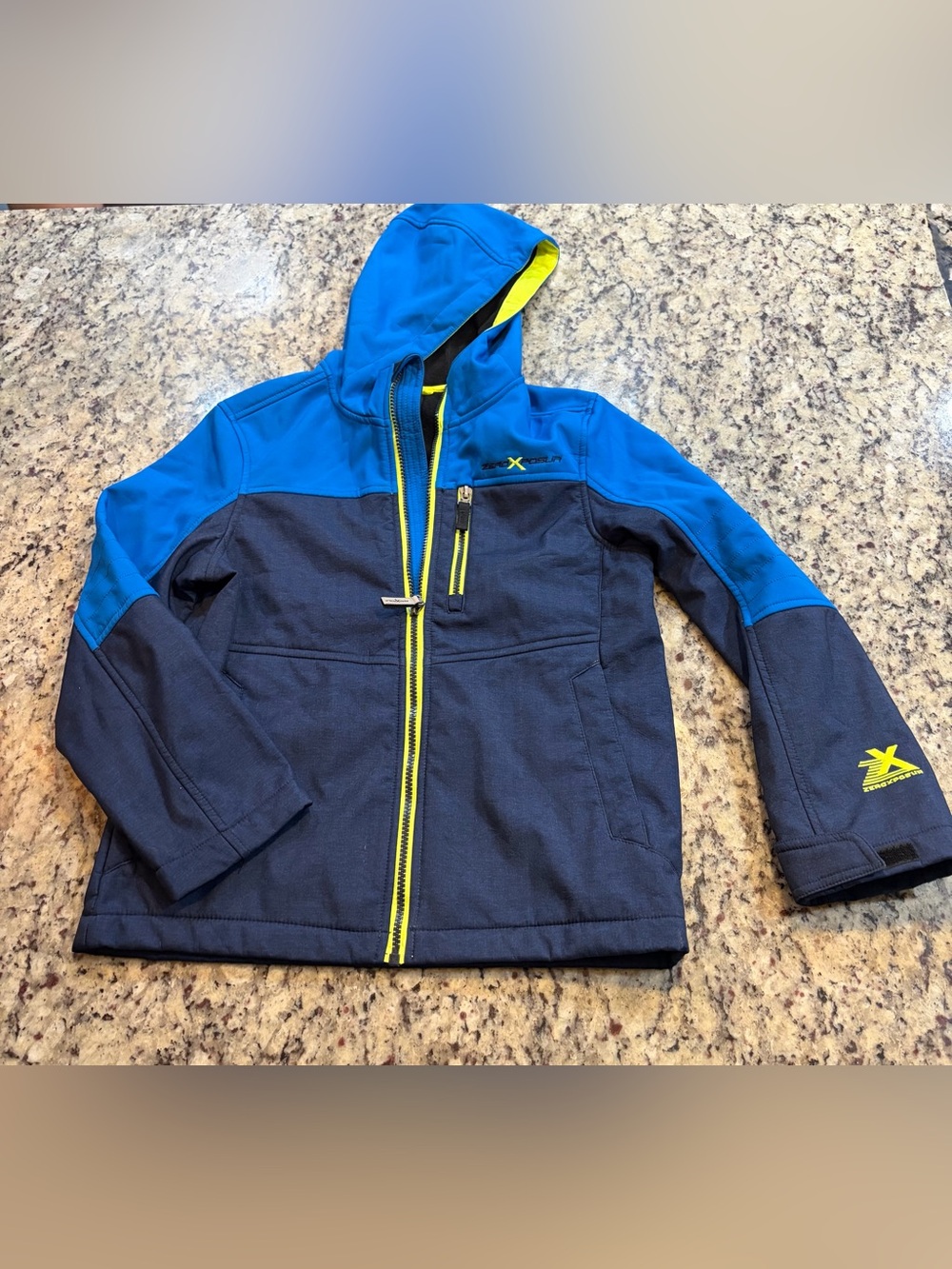 ZeroXposur Navy & Bright Blue Kids Hooded Softshell Jacket with Neon Yellow Trim